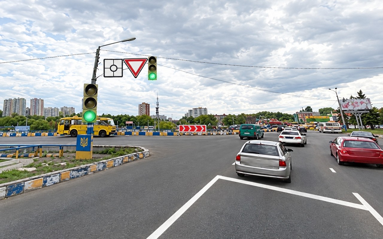 Ілюстрація: Водій сірого автомобіля здійснює в’їзд на перехрестя з круговим рухом. Чи потрібно в такому випадку…