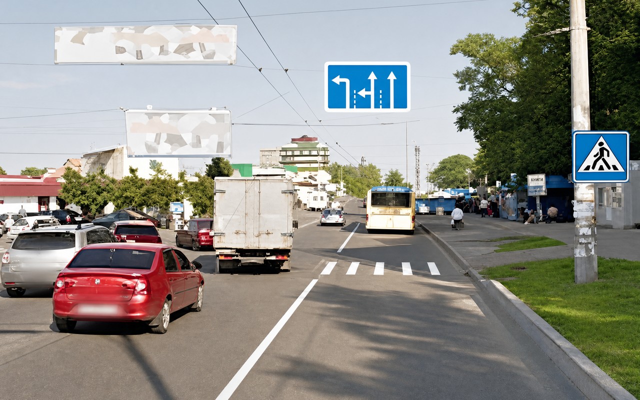Ілюстрація: Чи дозволено водієві червоного автомобіля рухатись прямо у даному випадку?