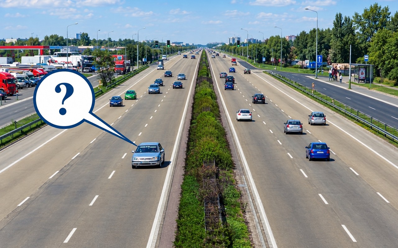 Ілюстрація: За яких умов водієві легкового автомобіля дозволено рух по крайній лівій смузі на дорозі з розділюв…