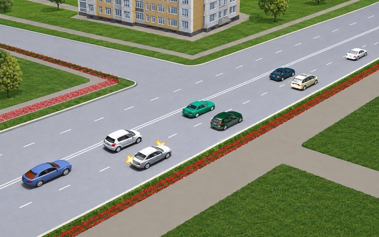 Ілюстрація: Чи дозволено водієві білого автомобіля при інтенсивному русі виконати перестроювання?