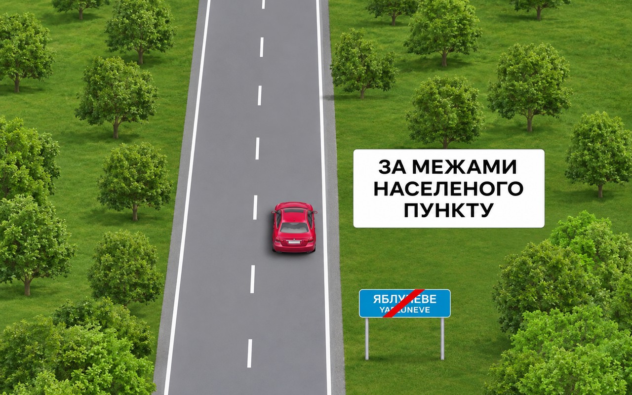 Ілюстрація: З якою максимальною швидкістю допускається рух на цій дорозі легкового автомобіля, якщо він рухаєть…