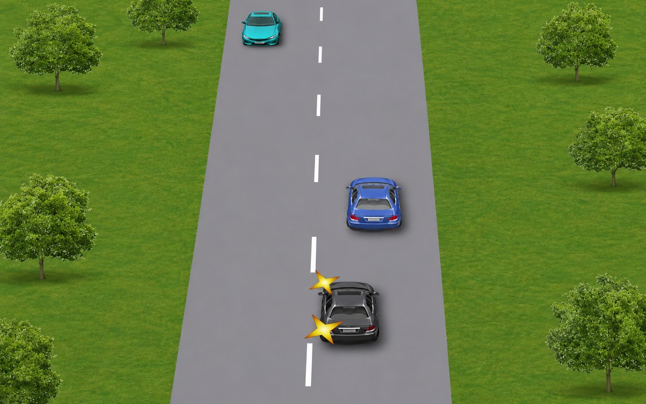 Ілюстрація: Чи має право водій чорного автомобіля розпочати обгін синього автомобіля?