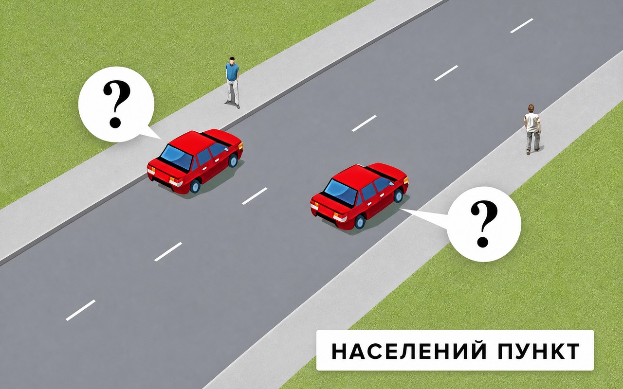 Ілюстрація: У якому місці водію червоного автомобіля дозволено зупинити транспортний засіб на дорозі в населено…