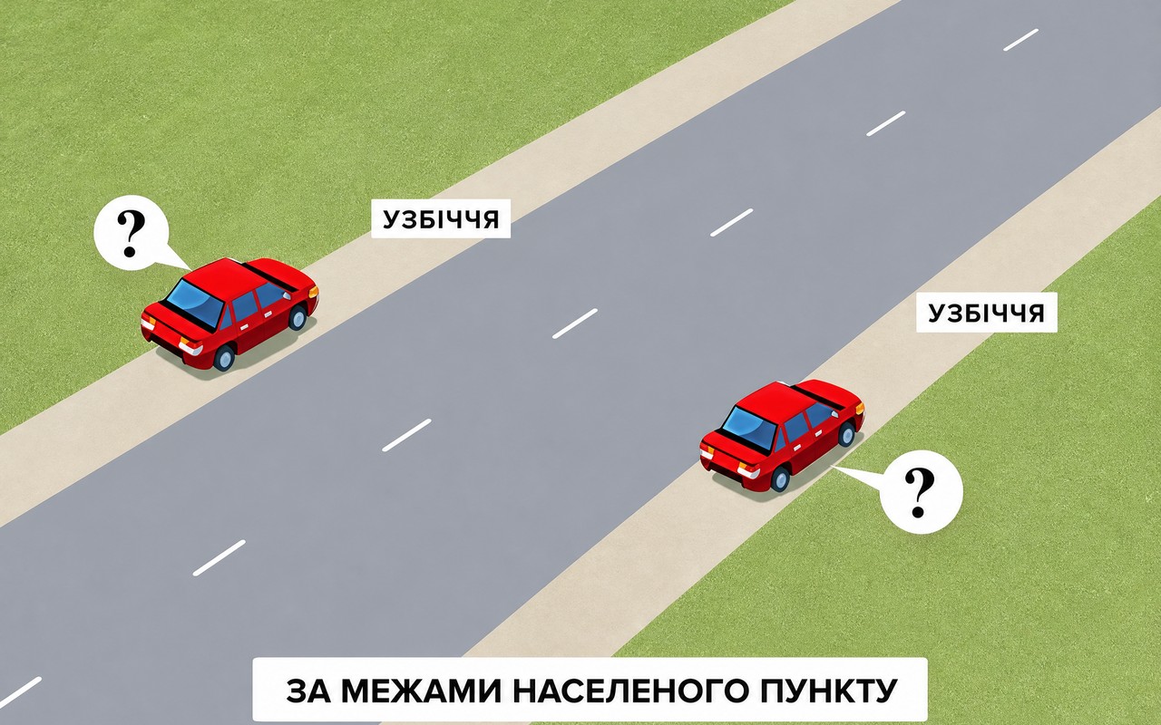 Ілюстрація: У якому місці водій червоного автомобіля повинен зупинити транспортний засіб на дорозі за межами на…