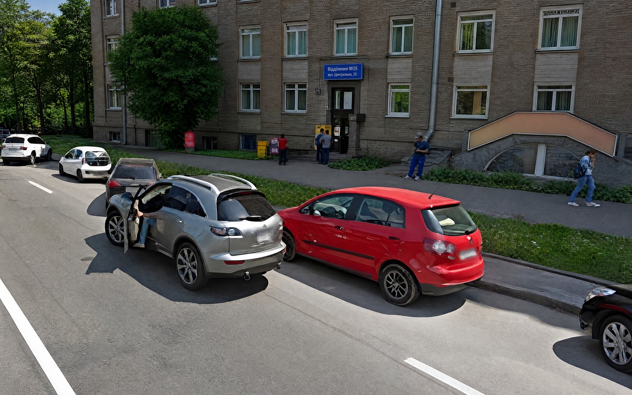 Ілюстрація: Чи дозволено водієві сірого автомобіля зупинитись у цьому місці?