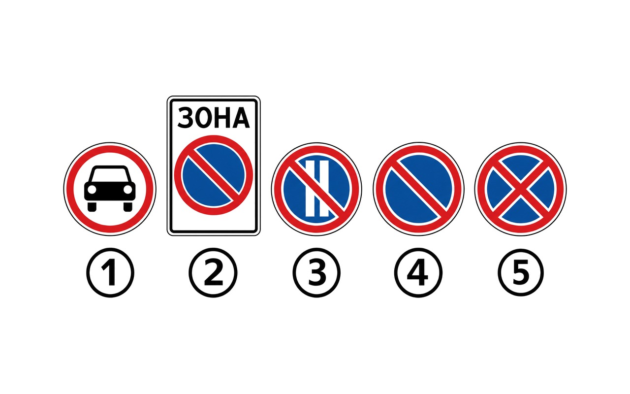 Ілюстрація: Який із зображених дорожніх знаків забороняє зупинку транспортних засобів?