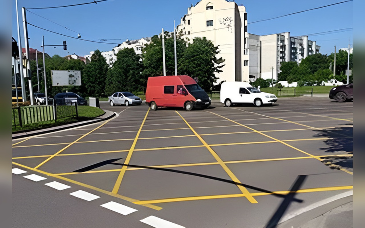 Ілюстрація: Ця горизонтальна дорожня розмітка позначає ділянки, на які забороняється виїжджати на перехресті, я…