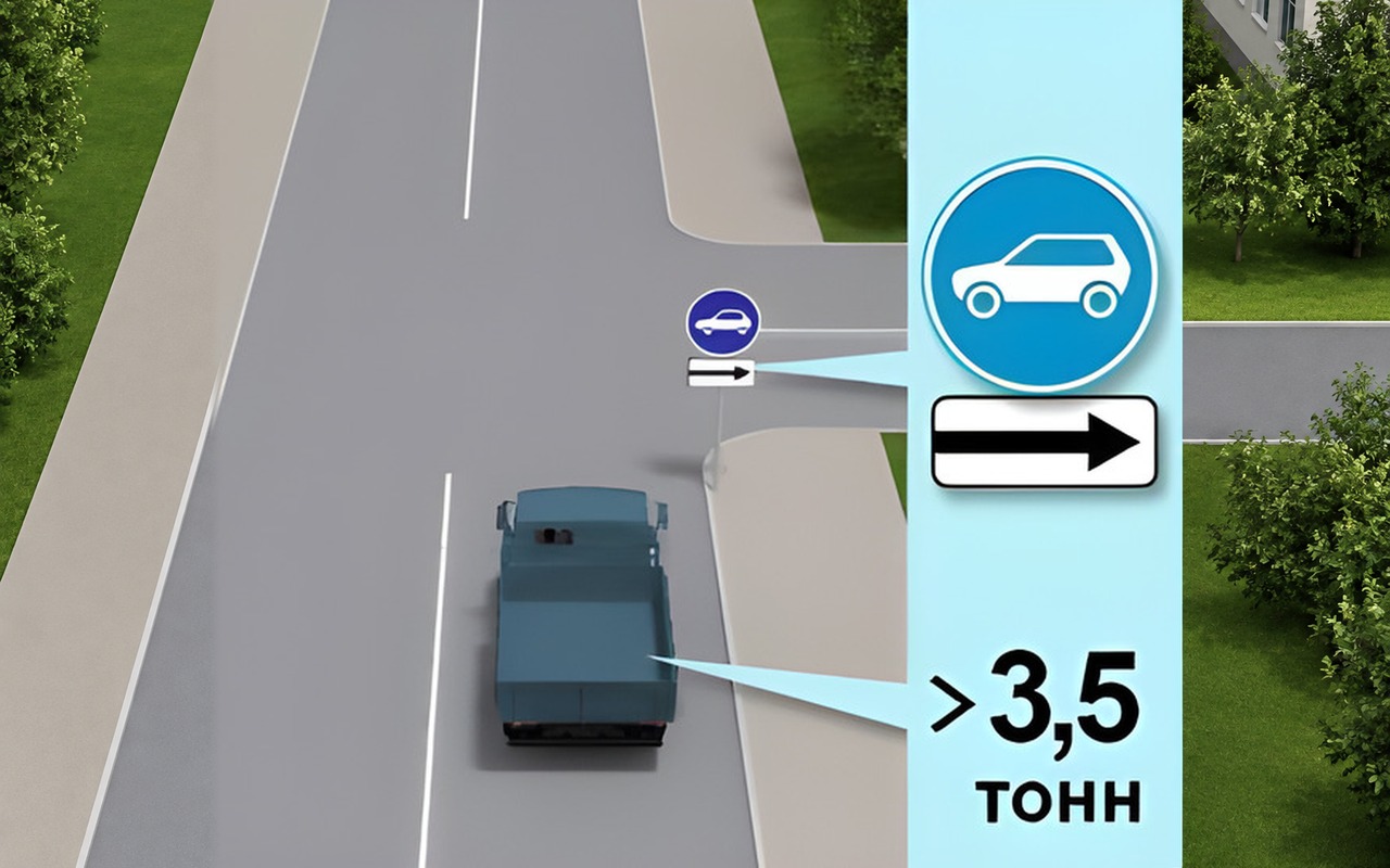 Ілюстрація: У яких напрямках дозволено рух вантажного автомобіля в зображеній ситуації, якщо його дозволена мак…