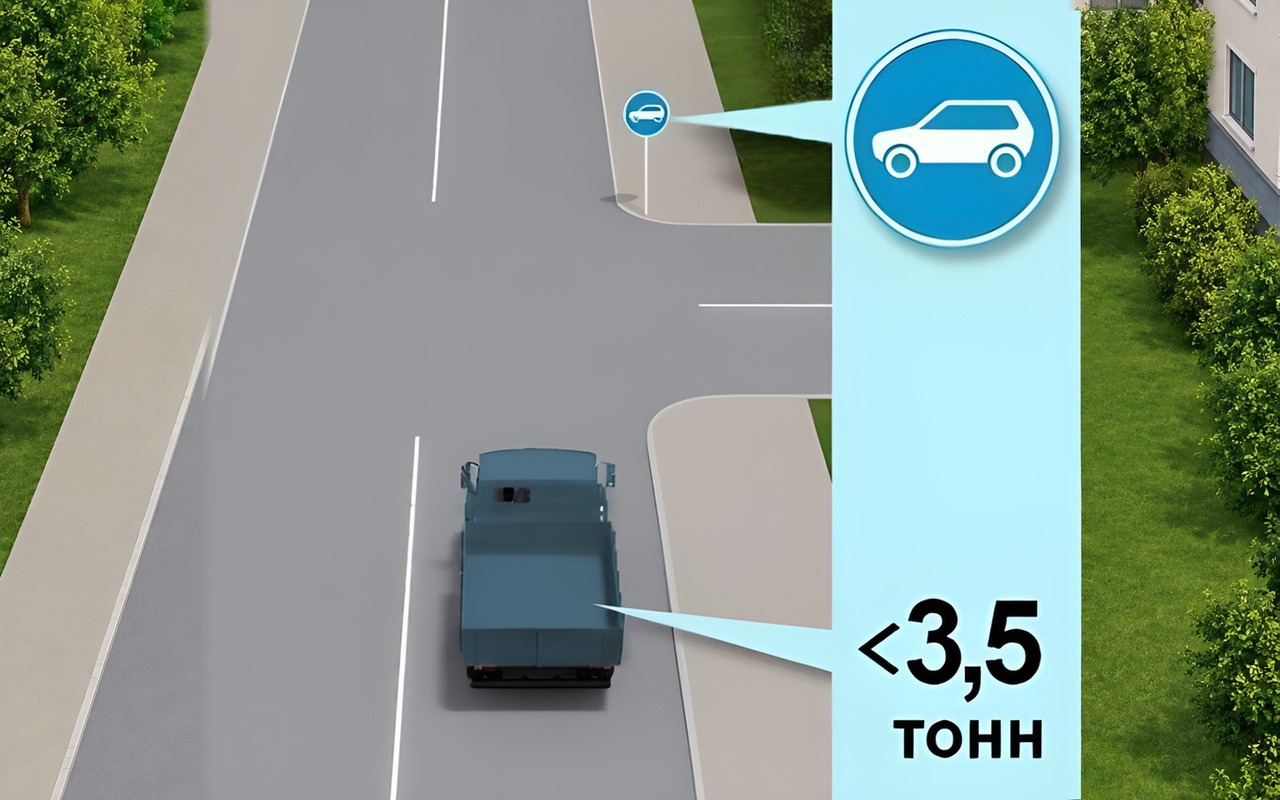 Ілюстрація: Чи дозволено в зображеній ситуації рух прямо вантажному автомобілю, якщо його дозволена максимальна…