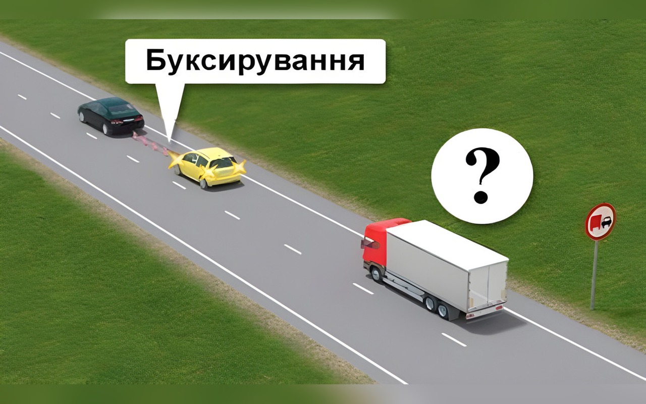 Ілюстрація: Чи дозволено водієві вантажного автомобіля виконати обгін у зображеній ситуації, якщо состав, який…