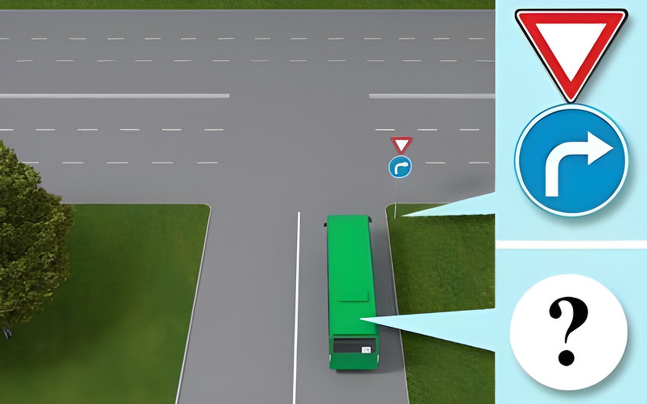 Ілюстрація: Чи дозволено водієві автобуса, що рухається за встановленим маршрутом, повернути ліворуч у зображен…
