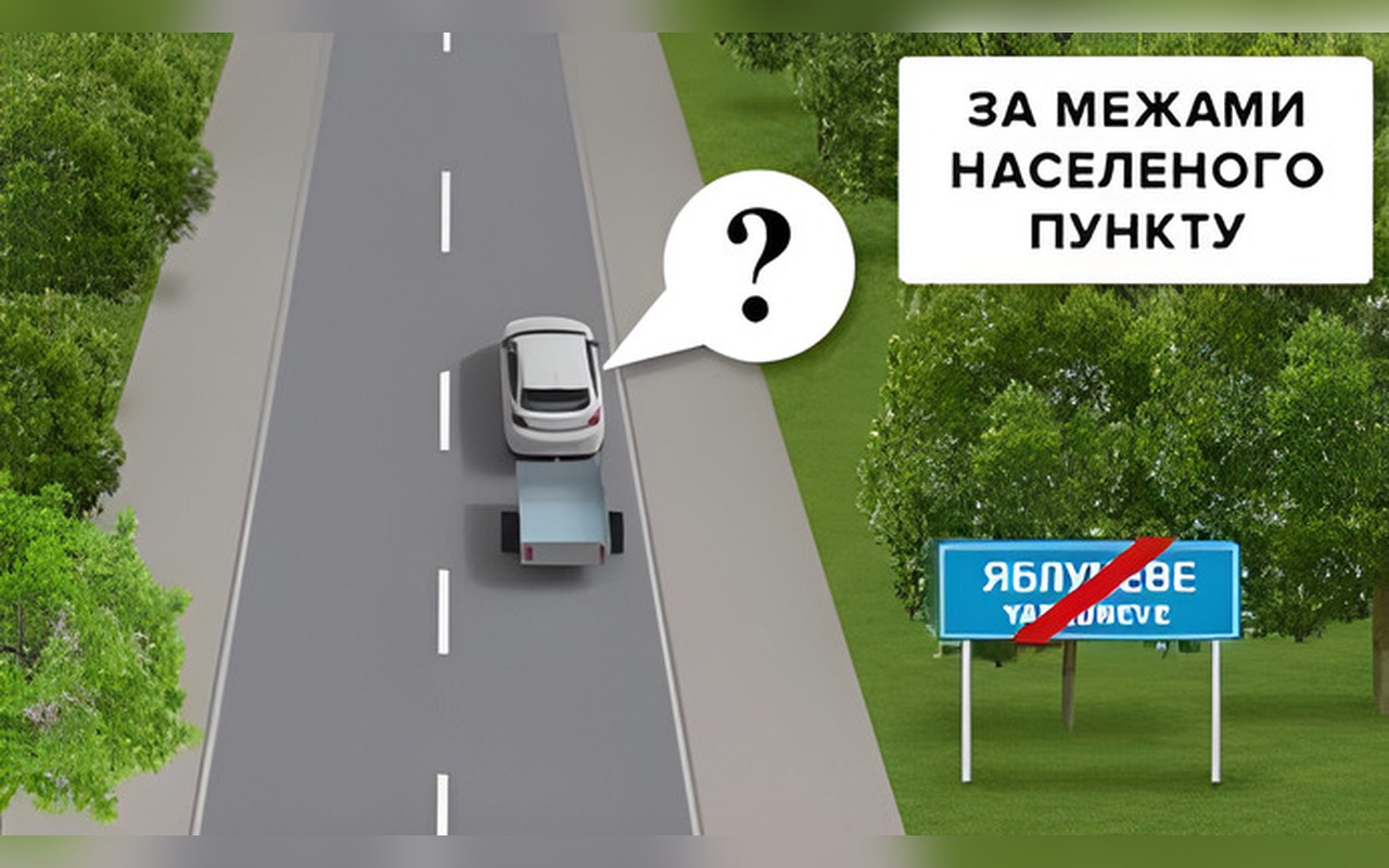 Ілюстрація: З якою максимальною швидкістю дозволено рух білого автомобіля з причепом на ділянці дороги за межам…
