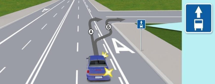 Ілюстрація: По якій траєкторії водієві синього автомобіля дозволено поворот праворуч?