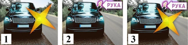 Ілюстрація: На якому малюнку водій правильно подав сигнал про початок руху?